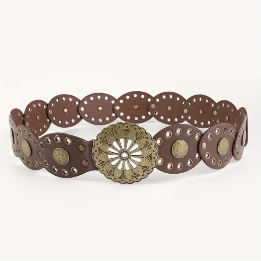 Brown Belt Western Style Studded Medallion Retro Style Buckle Boho Belts - Picture 4 of 6